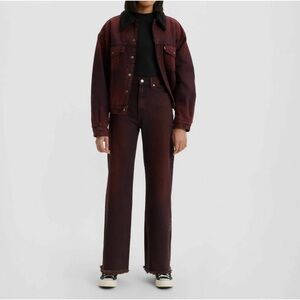 Levis Ribcage Frayed High Waist Wide Leg Jeans in Cherry Cordial Garment Dye